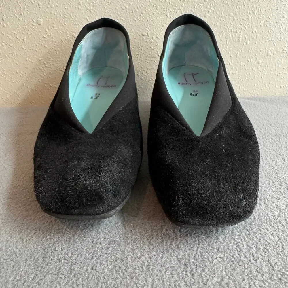 Thierry Rabotin Suede Wedges 39 Black Artsy‎ Round Toe Minimalist Chic Boho